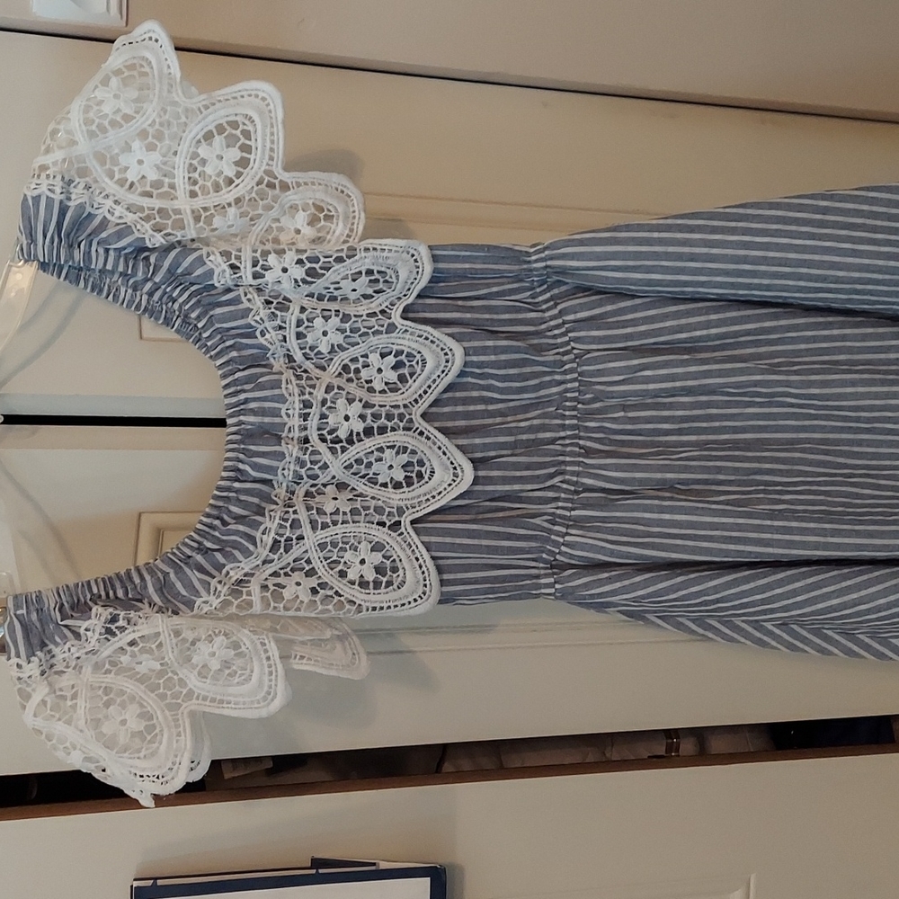 Large off the shoulder dress, lace detail, cinched waist